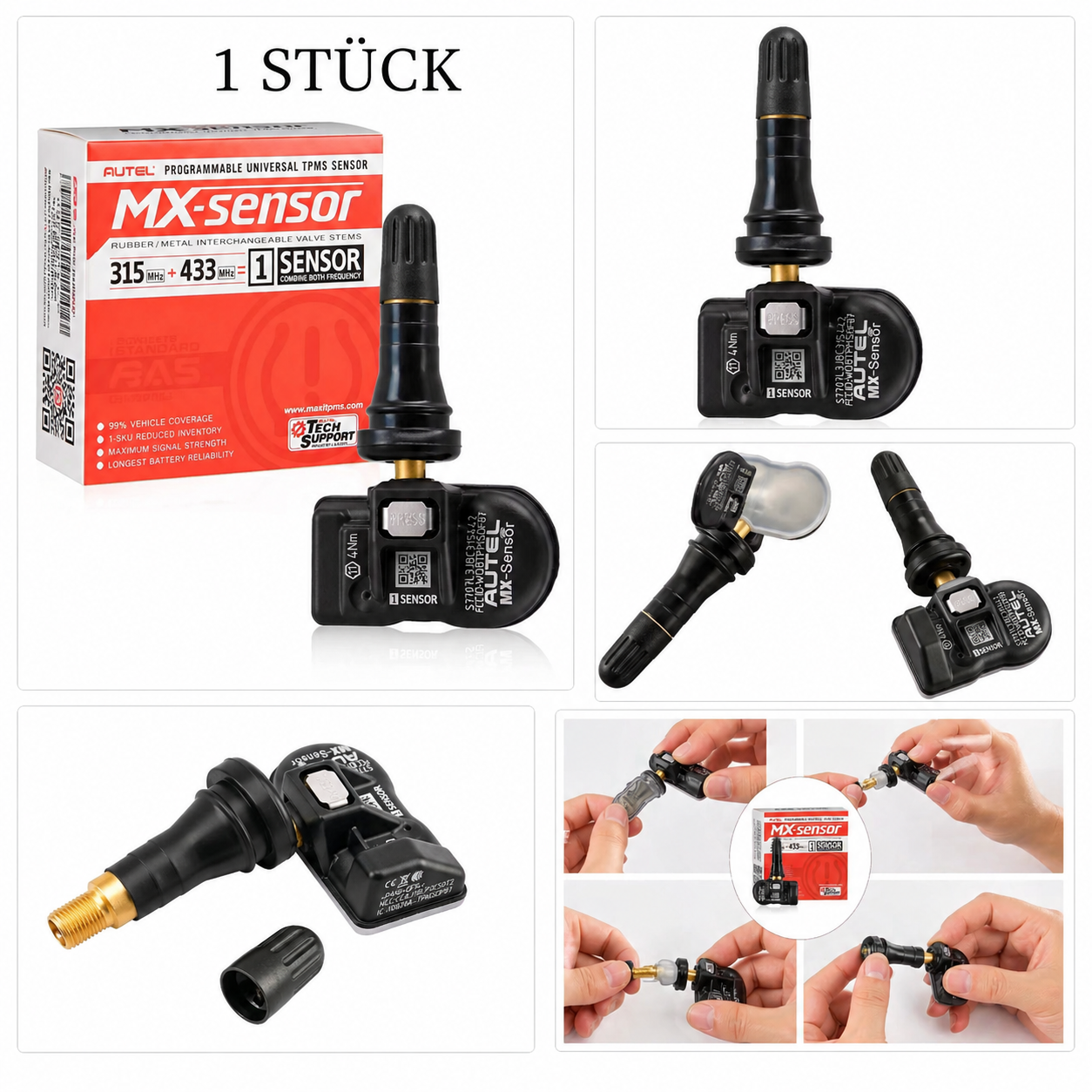 Autel MX Sensor 2026 2in1 TPMS 315/433 MHz Universal RDKS Sensor Gummiventil 4 Stück