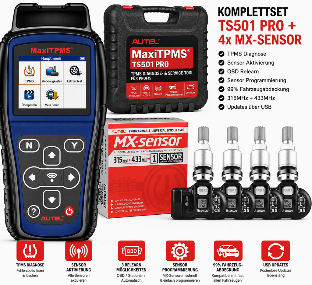 Autel TS501 PRO TPMS Set + 4x MX-Sensor 315/433MHz – Universal