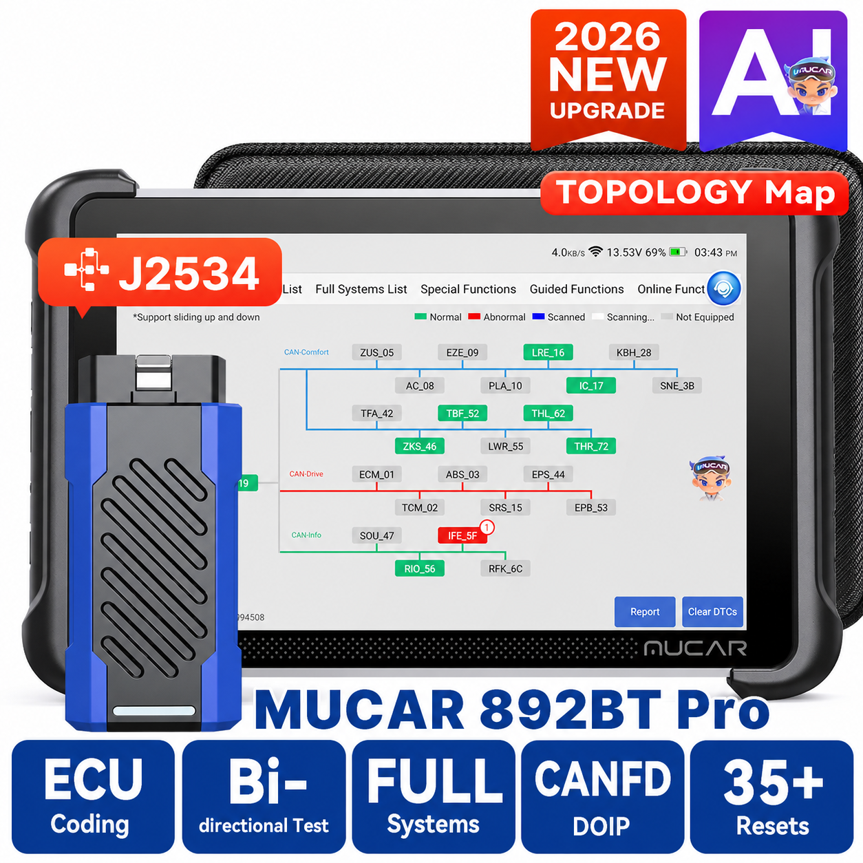 2026 MUCAR 892BT PRO OBD2-Scanner Topologie-Karte J2534 DOIP CANFD ECU-Coding