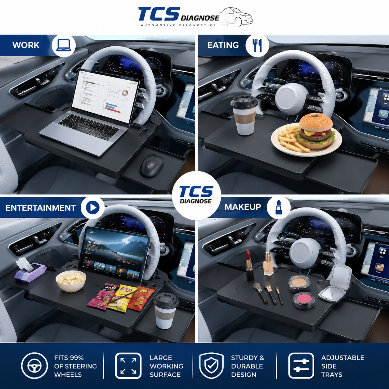 TCS Auto Premium Steering Wheel Tray Table for Work, Dining & Entertainment