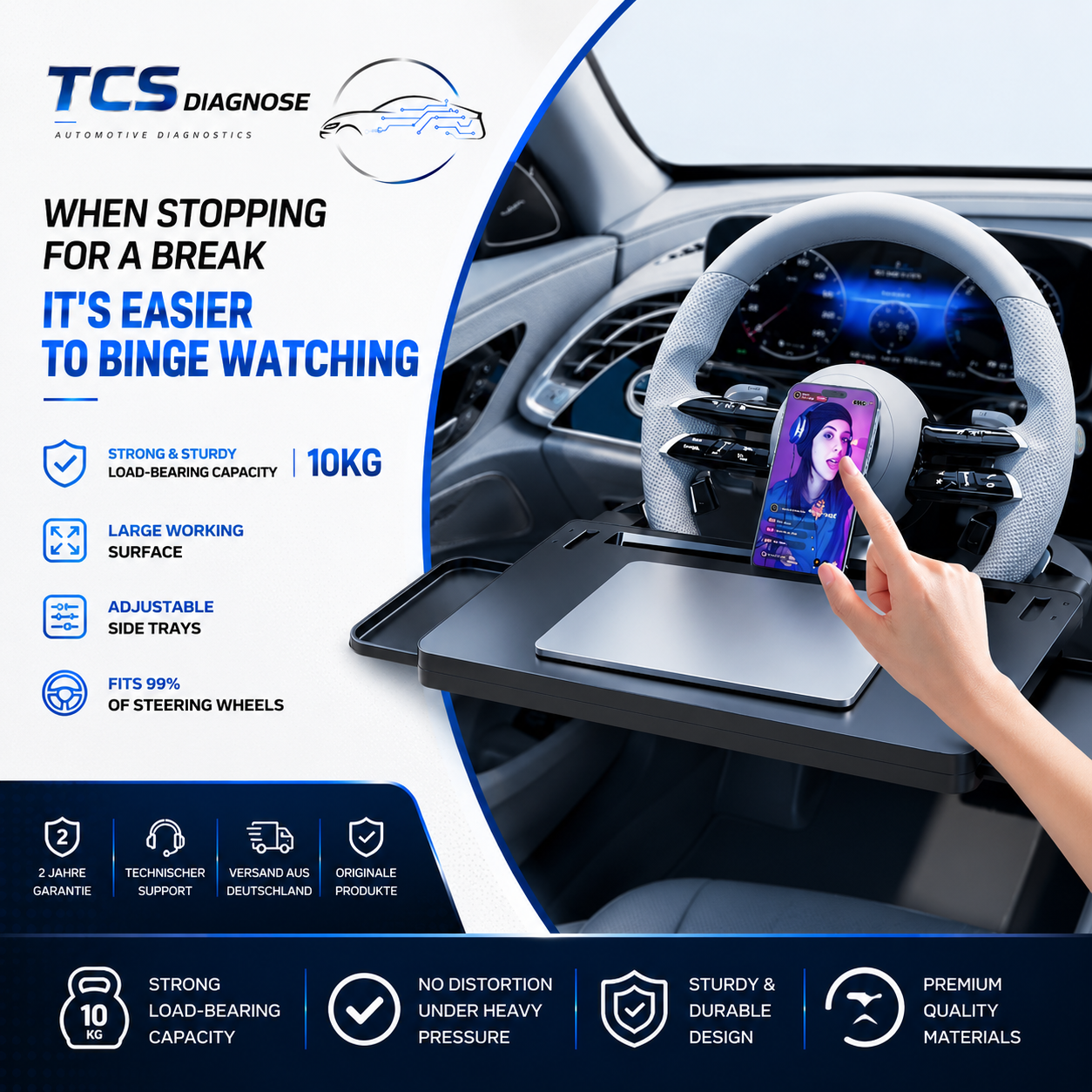 TCS Auto Premium Steering Wheel Tray Table for Work, Dining & Entertainment