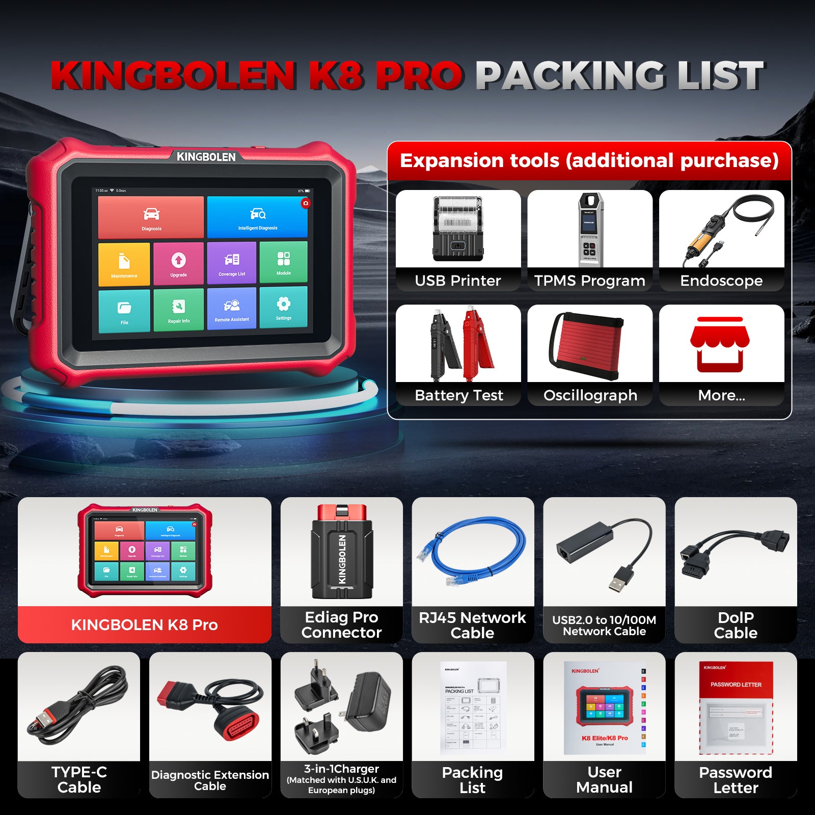 2026 KINGBOLEN K10 PRO OBD2 Diagnosegerät ECU Codierung Aktivtest 41+ Reset CANF