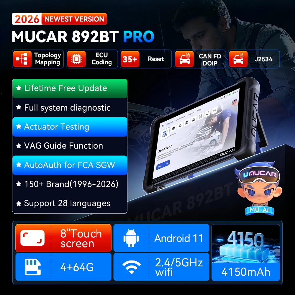 2026 MUCAR 892BT PRO OBD2-Scanner Topologie-Karte J2534 DOIP CANFD ECU-Coding