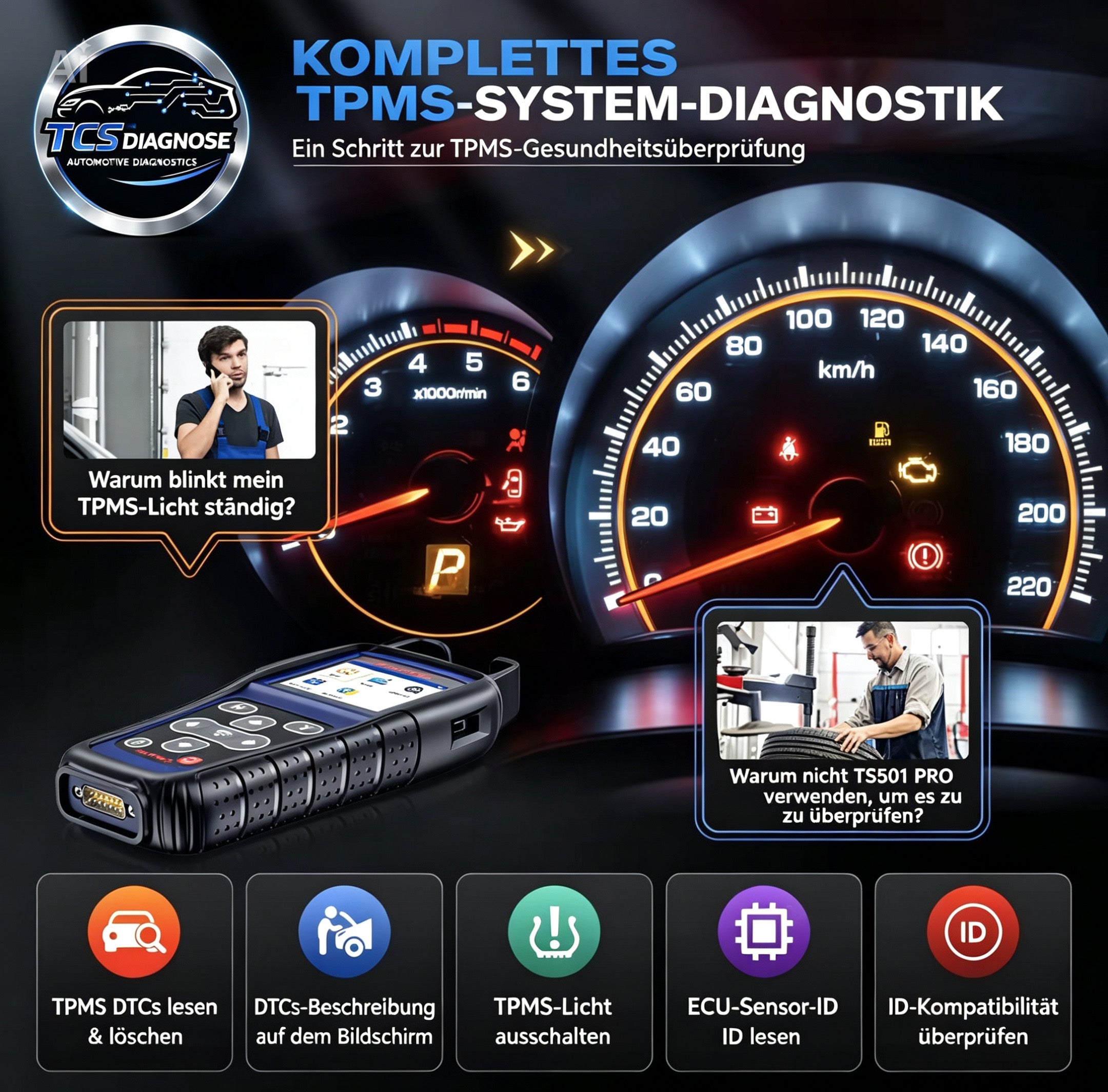 Autel MaxiTPMS TS501 PRO TPMS Diagnosegerät OBD2 RDKS Relearn ReifendruckSensor Programmierung D
