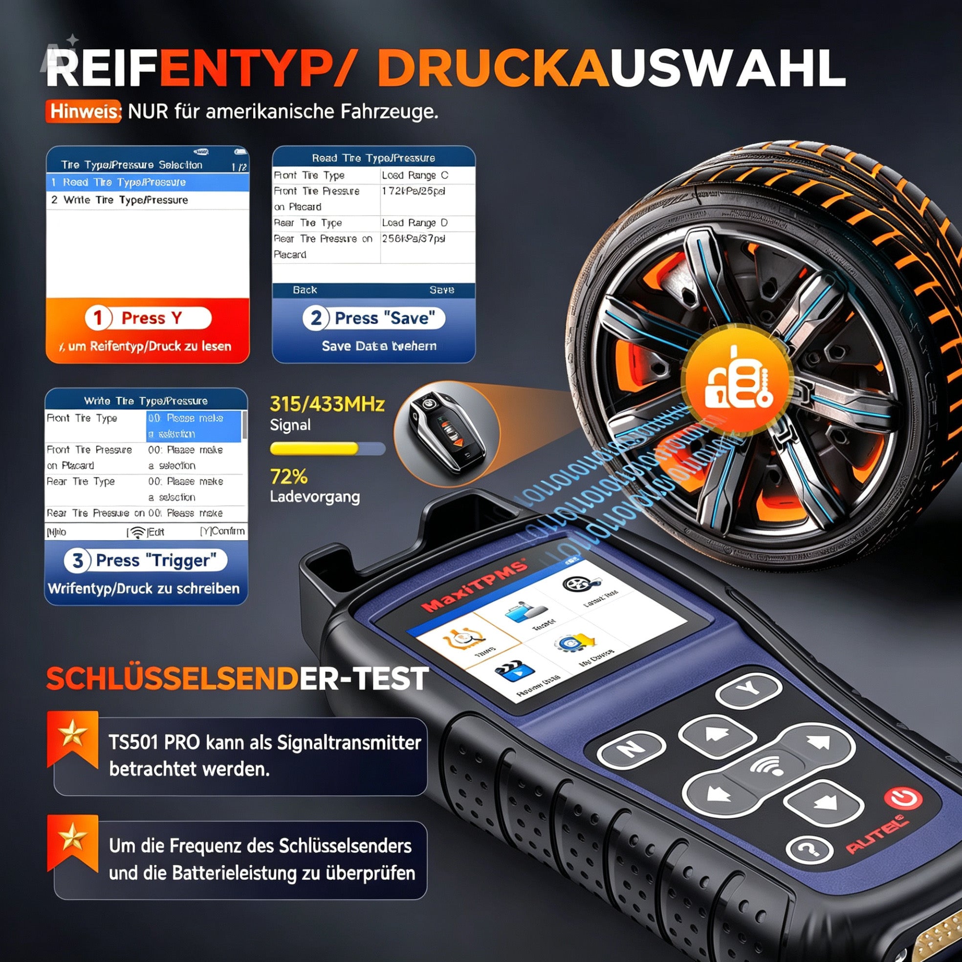 Autel TS501 PRO TPMS Set + 4x MX-Sensor 315/433MHz – Universal