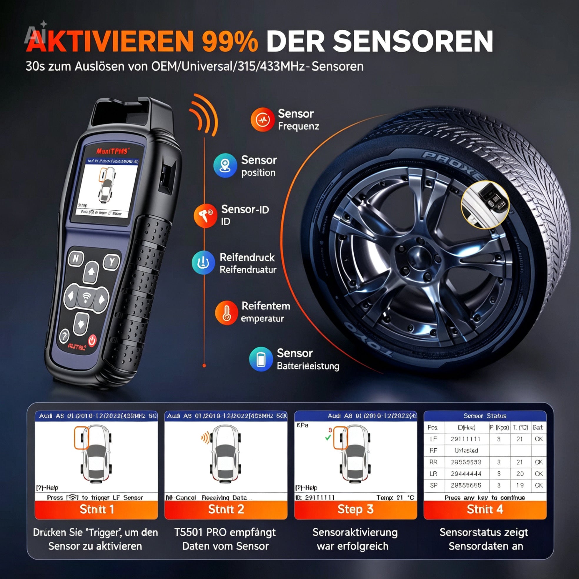 Autel TS501 PRO TPMS Set + 4x MX-Sensor 315/433MHz – Universal